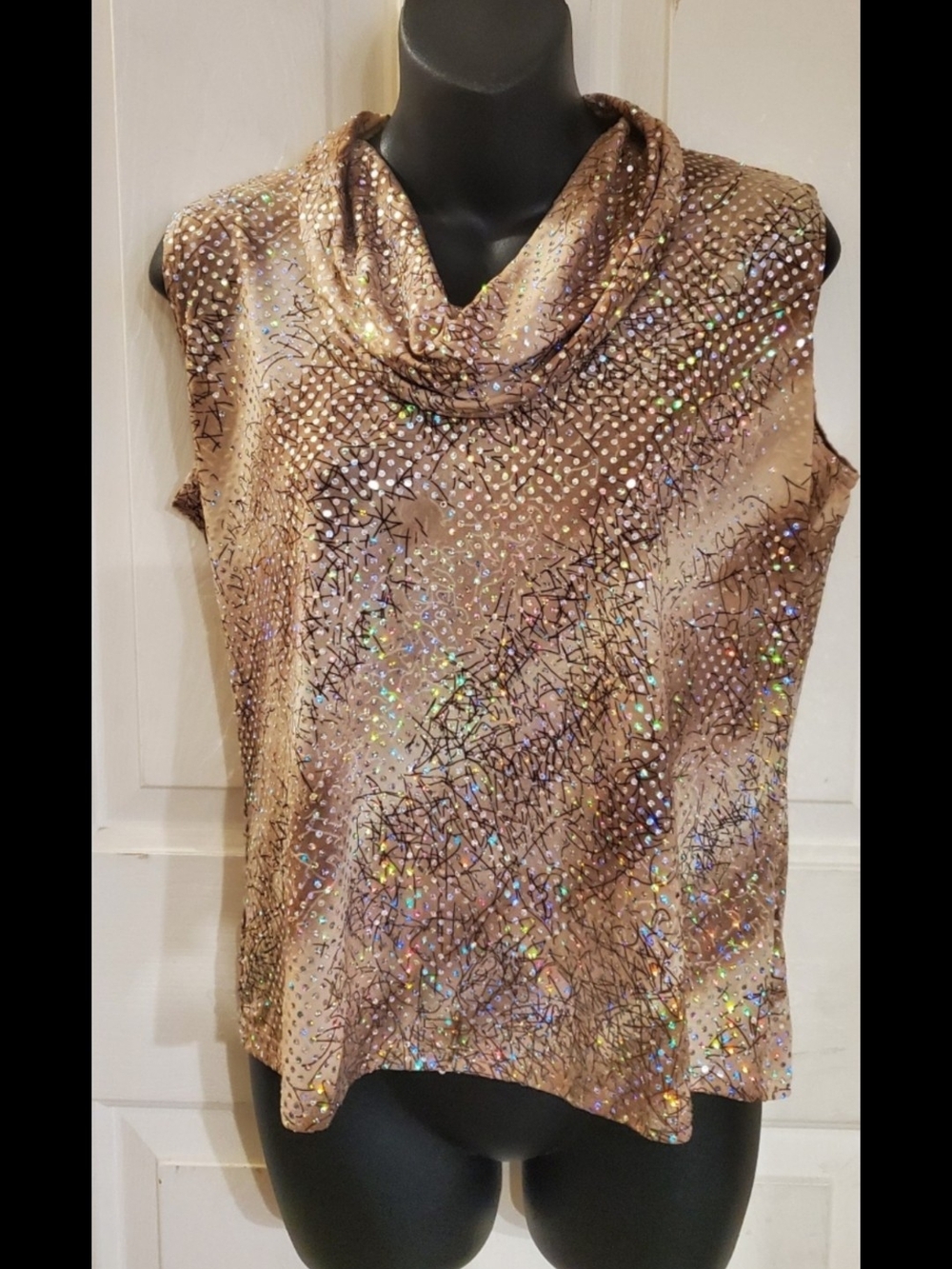 Claudia Richard Metallic Taupe Sequin Cowl Neck Sleeveless Top